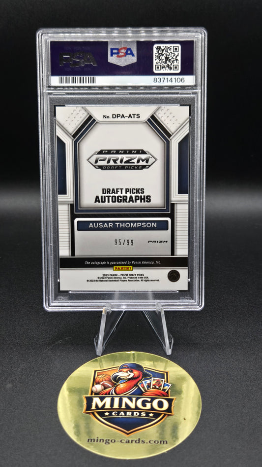A sealed Panini 2023 Draft Pick Autographs card graded PSA 9, displayed on a black background next to a gold Mingo Cards collectible medallion.