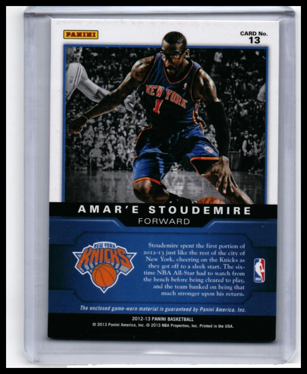 2012-13 Panini Game Jerseys Amar'e Stoudemire #13 Knicks Jersey Relic — back