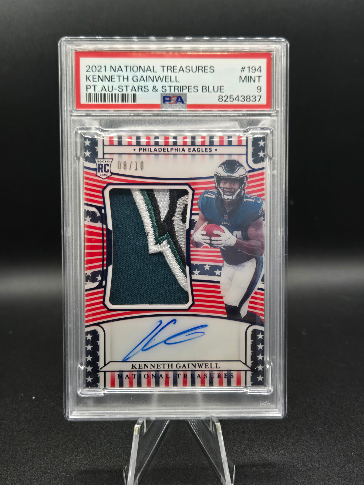 2021 National Treasures Kenneth Gainwell RC Patch Auto #194 Stars & Stripes Blue /10 PSA 9 — front