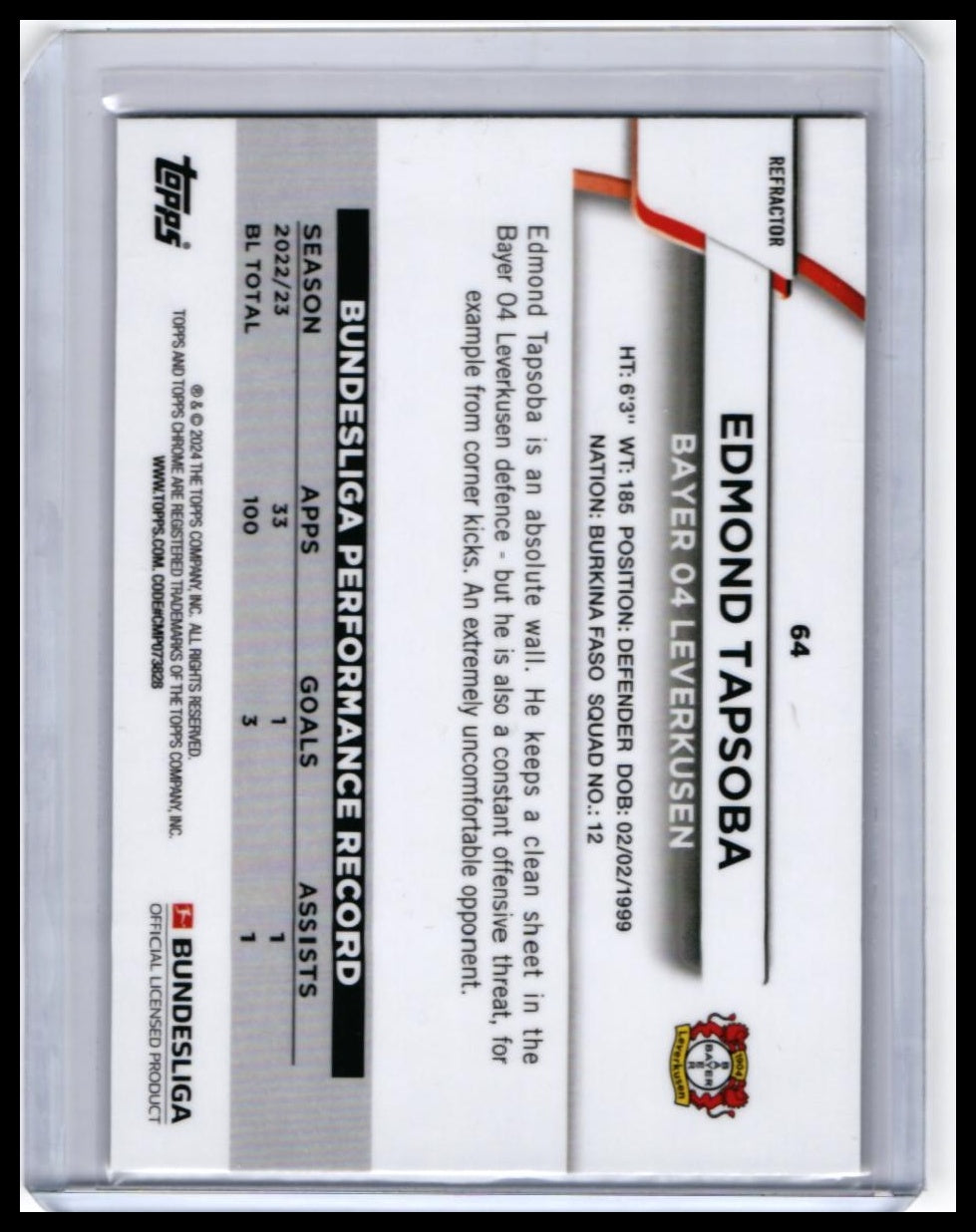 2022-23 Topps Chrome Bundesliga Edmond Tapsoba #64 Refractor Bayer Leverkusen — back