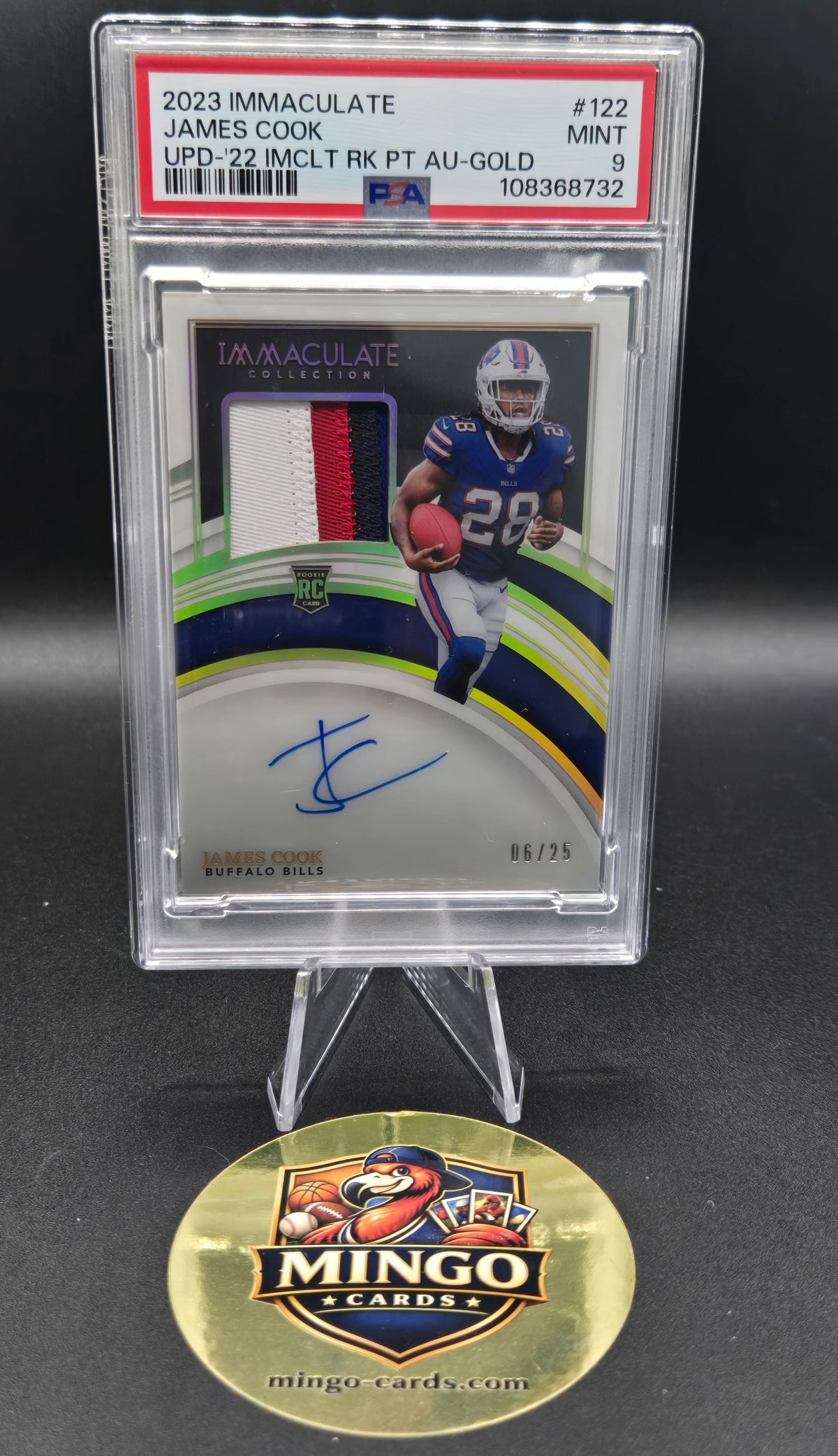 2022 Panini Immaculate James Cook RPA Rookie Patch Auto Gold #122 06/25 PSA 9 — front