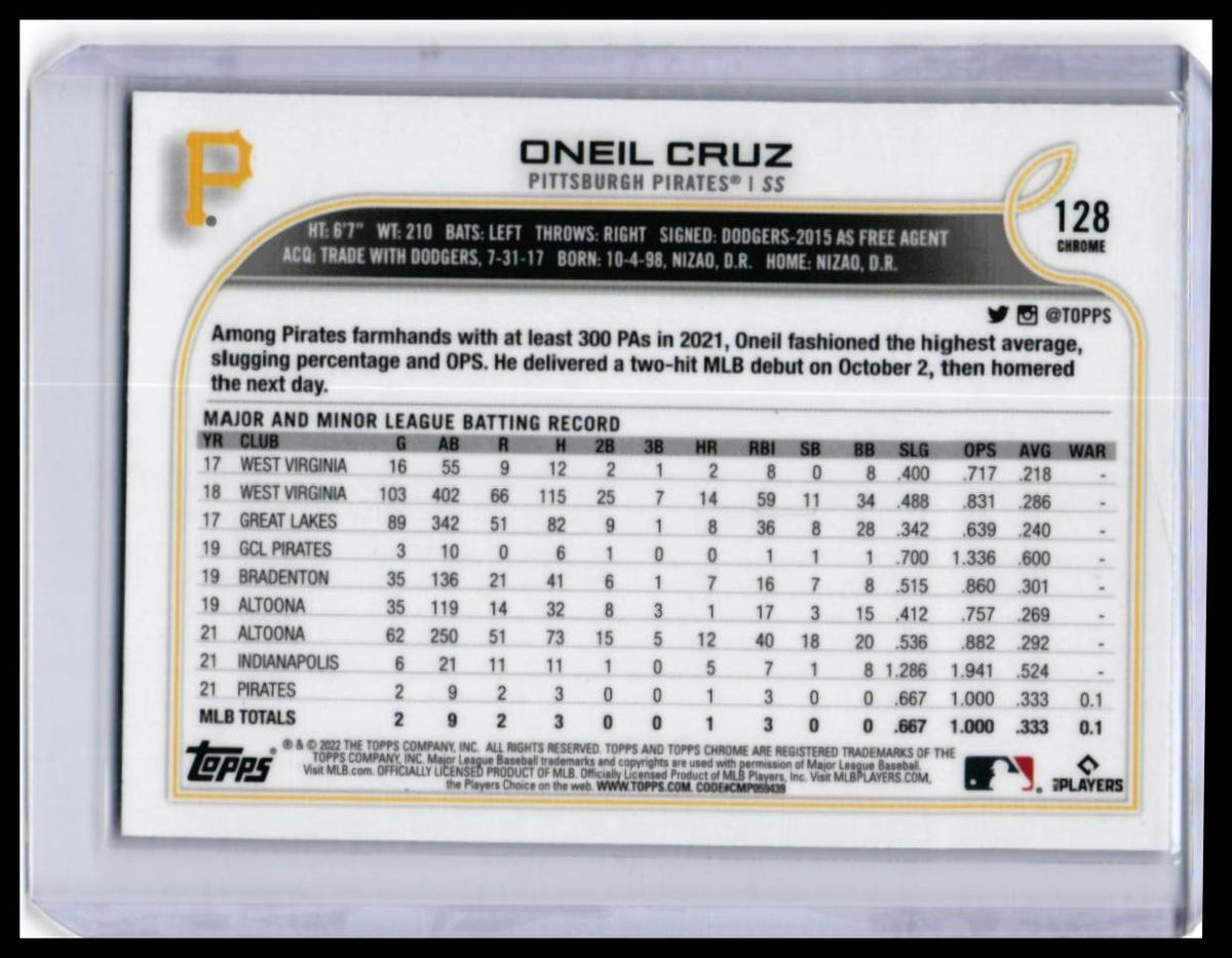 2022 Topps Chrome Oneil Cruz RC #128 Pittsburgh Pirates Rookie — back