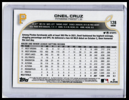 2022 Topps Chrome Oneil Cruz RC #128 Pittsburgh Pirates Rookie — back