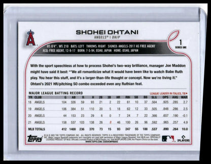 2022 Topps Series One Shohei Ohtani #1 Los Angeles Angels — back