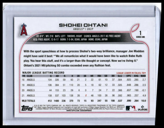 2022 Topps Series One Shohei Ohtani #1 Los Angeles Angels — back