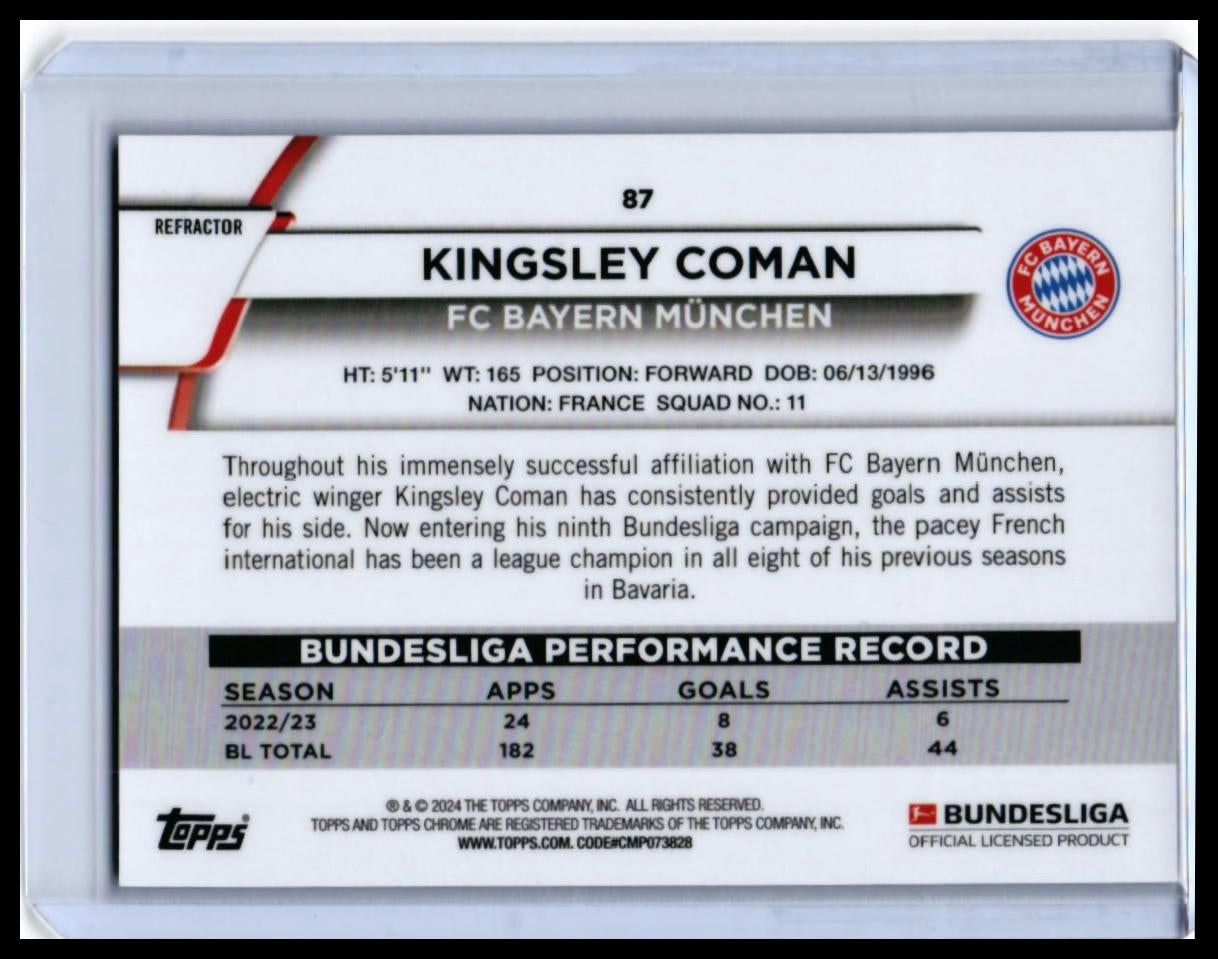 2023-24 Topps Chrome Bundesliga Kingsley Coman #87 Blue Refractor /175 Bayern — back