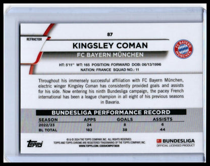 2023-24 Topps Chrome Bundesliga Kingsley Coman #87 Blue Refractor /175 Bayern — back