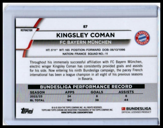 2023-24 Topps Chrome Bundesliga Kingsley Coman #87 Blue Refractor /175 Bayern — back