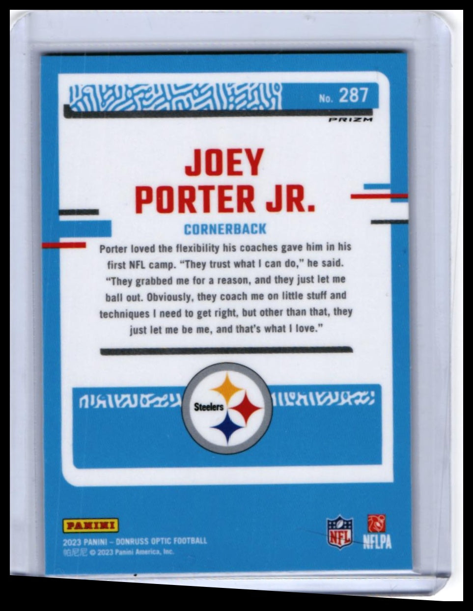 2023 Donruss Optic Joey Porter Jr. RC #287 Rated Rookie Holo Steelers — back