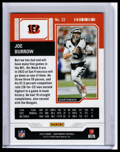 2023 Panini Contenders Season Ticket Joe Burrow #22 Cracked Ice Parallel Bengals — back