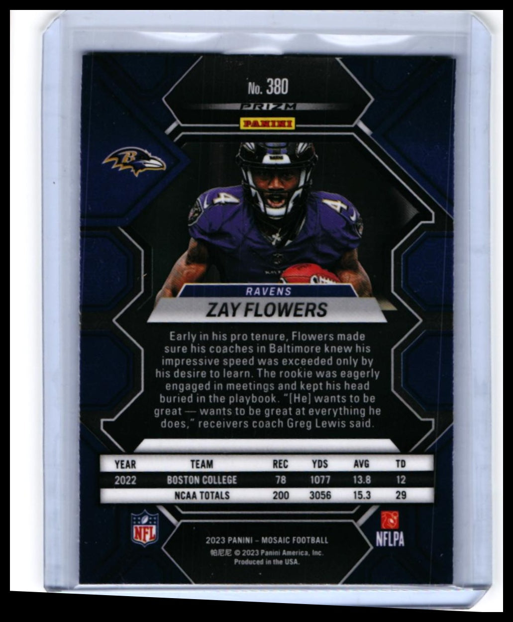 2023 Panini Mosaic Zay Flowers RC #380 Baltimore Ravens Rookie Card — back