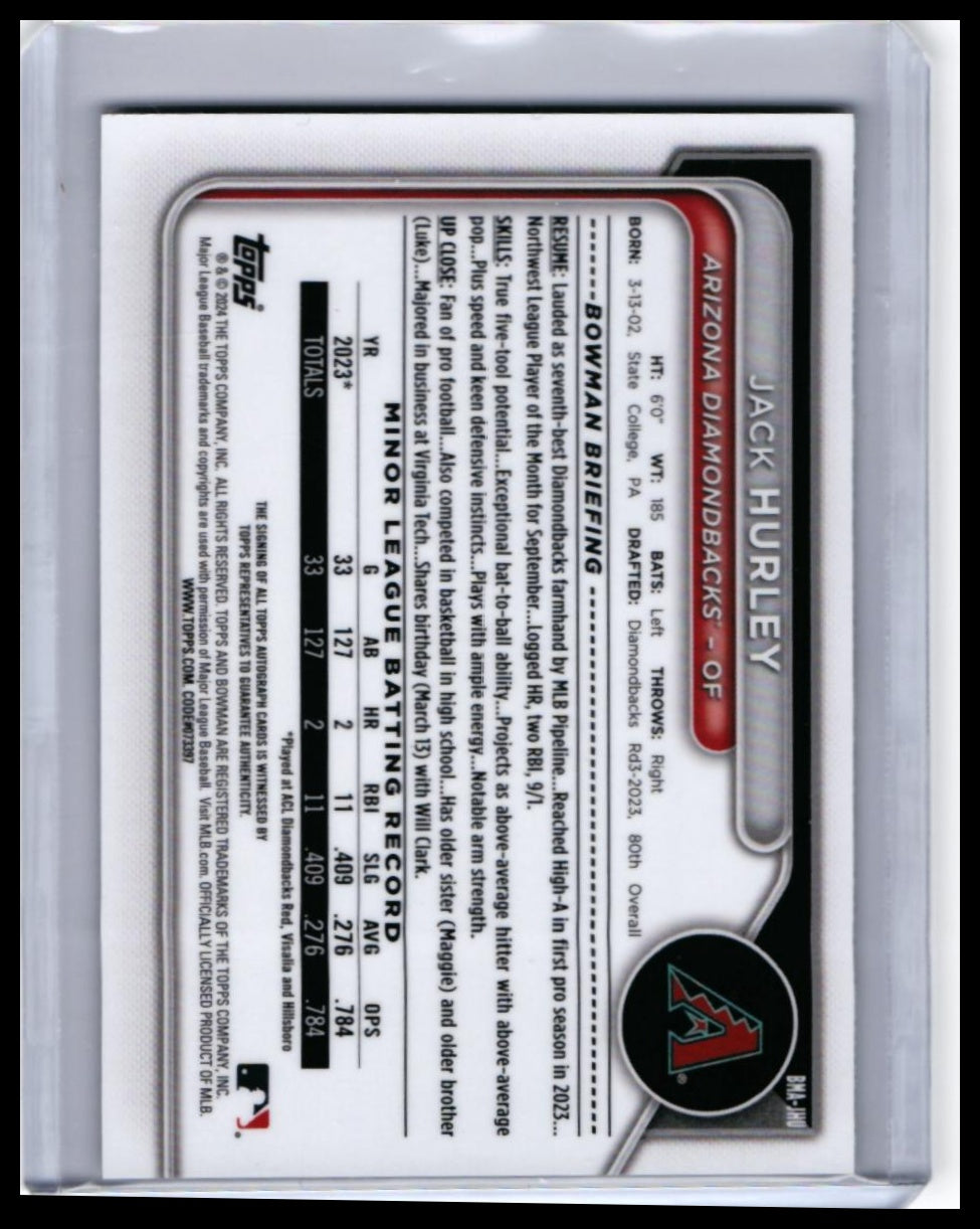 2023 Topps Chrome Jack Hurley Arizona Diamondbacks Autograph — back