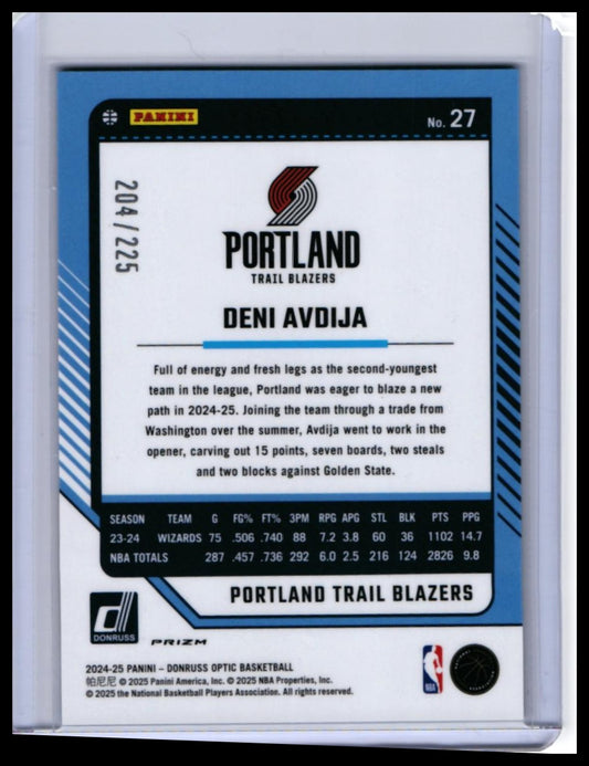 2024-25 Panini Donruss Optic Deni Avdija Blue Prizm #27 /225 Trail Blazers — back