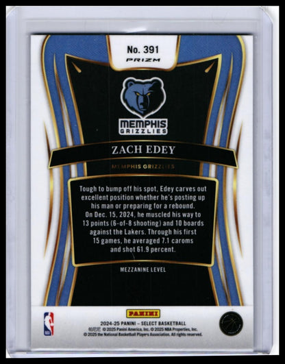 2024-25 Panini Select Zach Edey RC #391 Blue Prizm Rookie Memphis Grizzlies — back