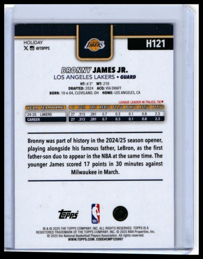 2024-25 Topps Holiday Bronny James Jr. RC #H121 Blue Parallel Lakers — back