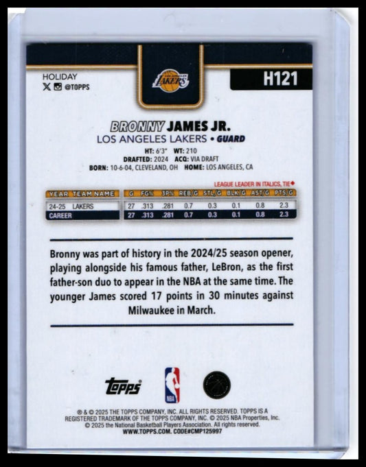 2024-25 Topps Holiday Bronny James Jr. RC #H121 Blue Parallel Lakers — back