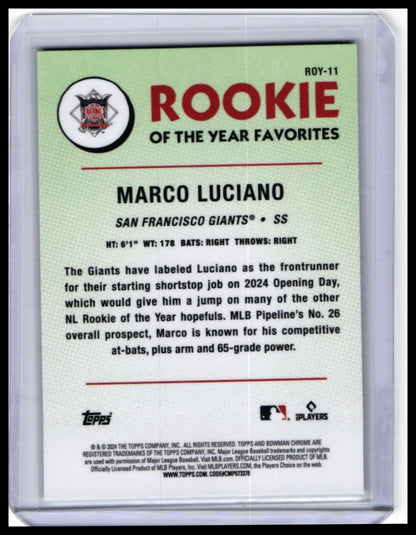 2024 Bowman Chrome Marco Luciano RC #ROY-11 Green Mojo Rookie of the Year Favorites — back