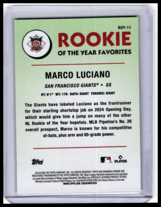 2024 Bowman Chrome Marco Luciano RC #ROY-11 Green Mojo Rookie of the Year Favorites — back