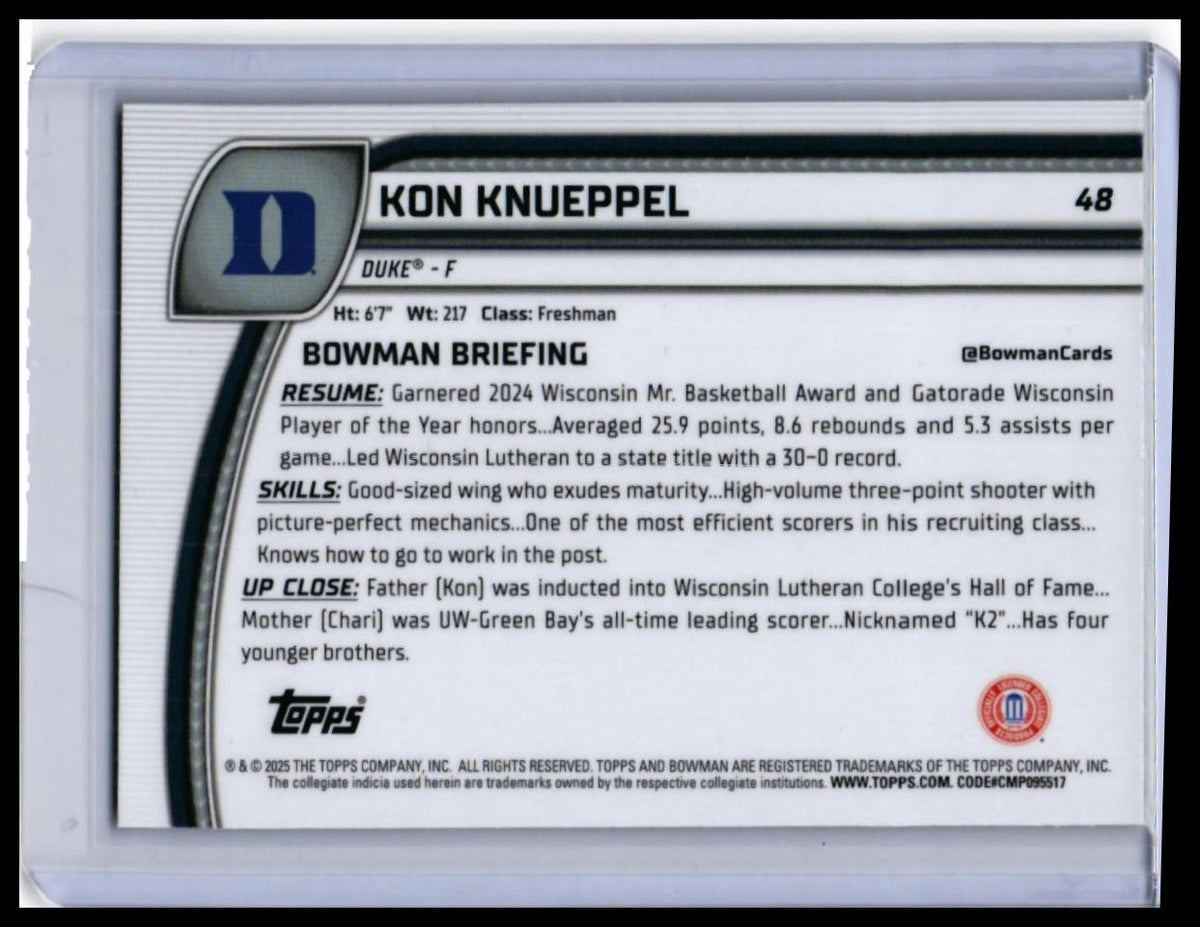 2024 Bowman University Chrome Kon Knueppel #48 Purple Refractor RC Duke — back