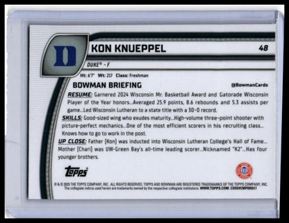 2024 Bowman University Chrome Kon Knueppel #48 Purple Refractor RC Duke — back