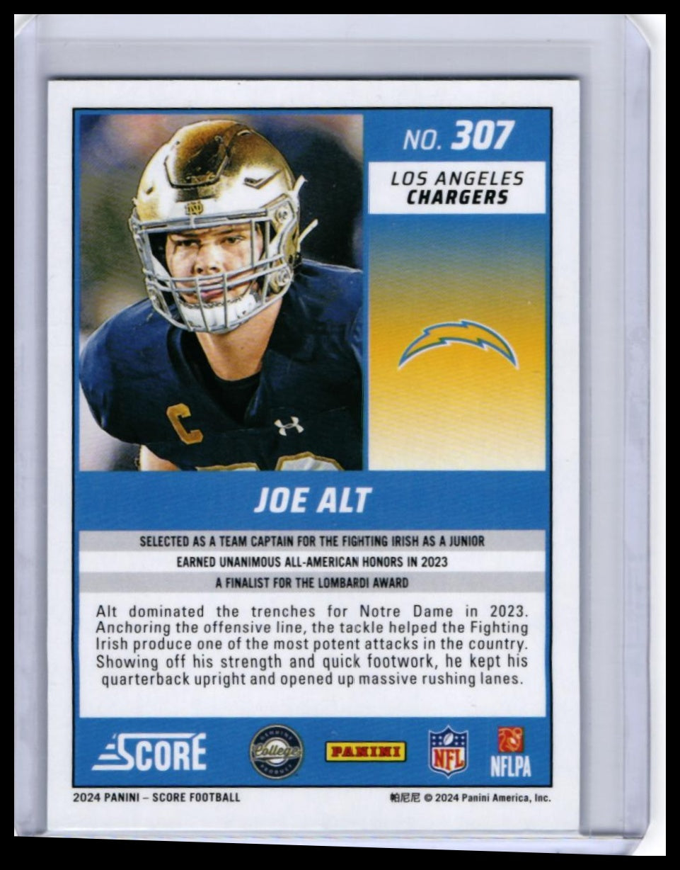 2024 Panini Score Joe Alt RC #307 Blue Parallel /399 Chargers Rookie — back
