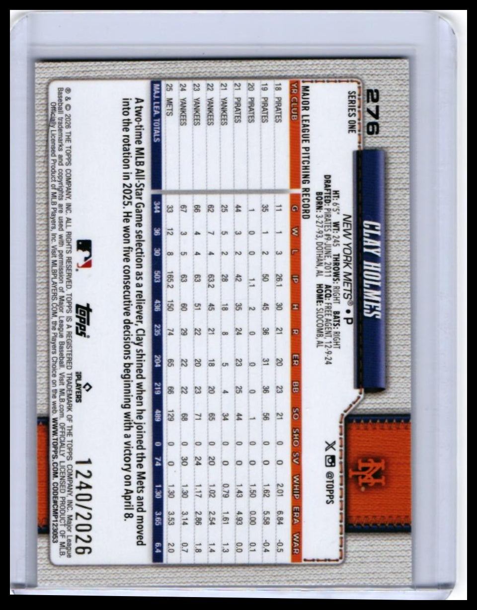 2024 Topps Clay Holmes #276 New York Mets Pitcher — back
