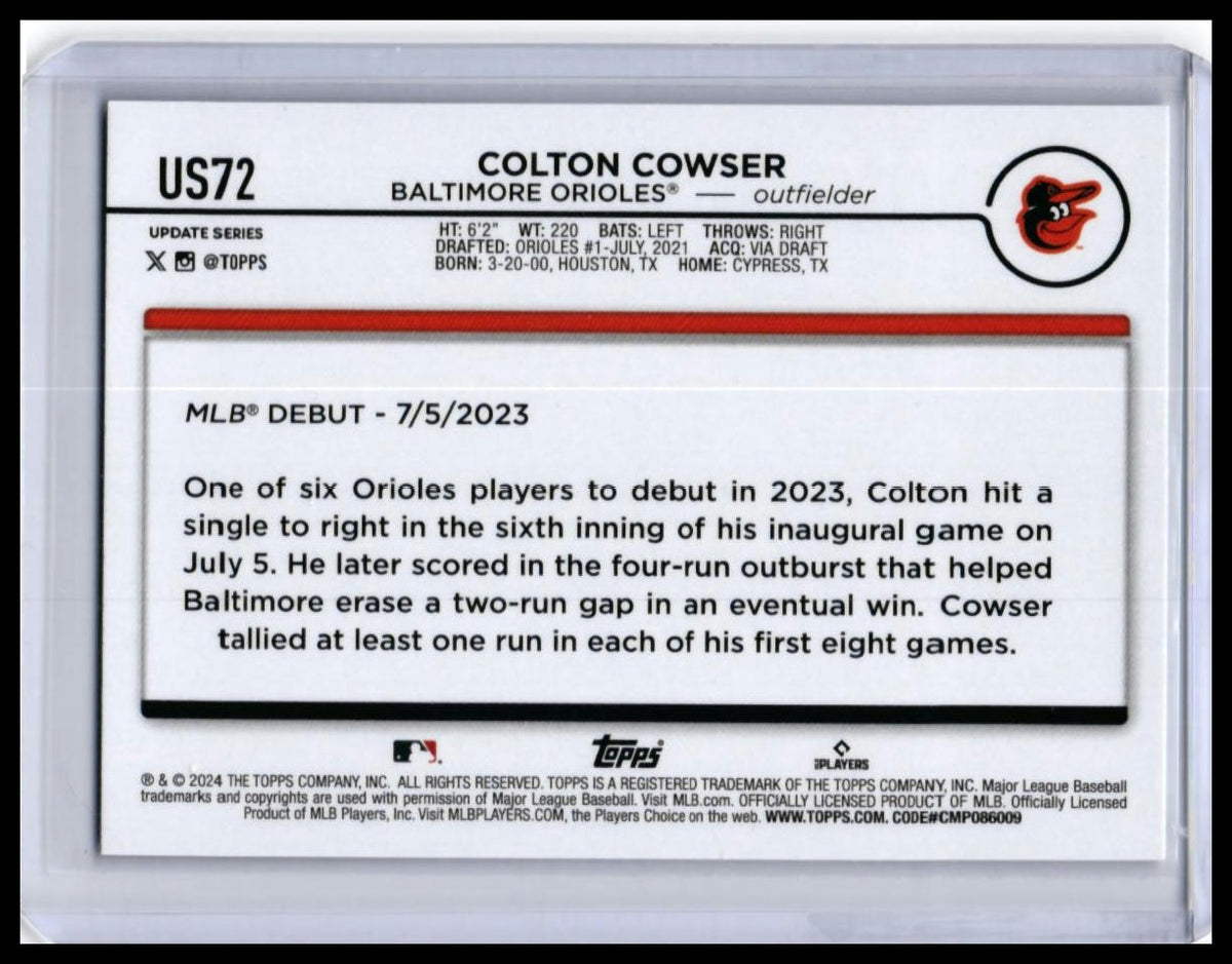2024 Topps Update Colton Cowser RC #US72 Baltimore Orioles Rookie — back