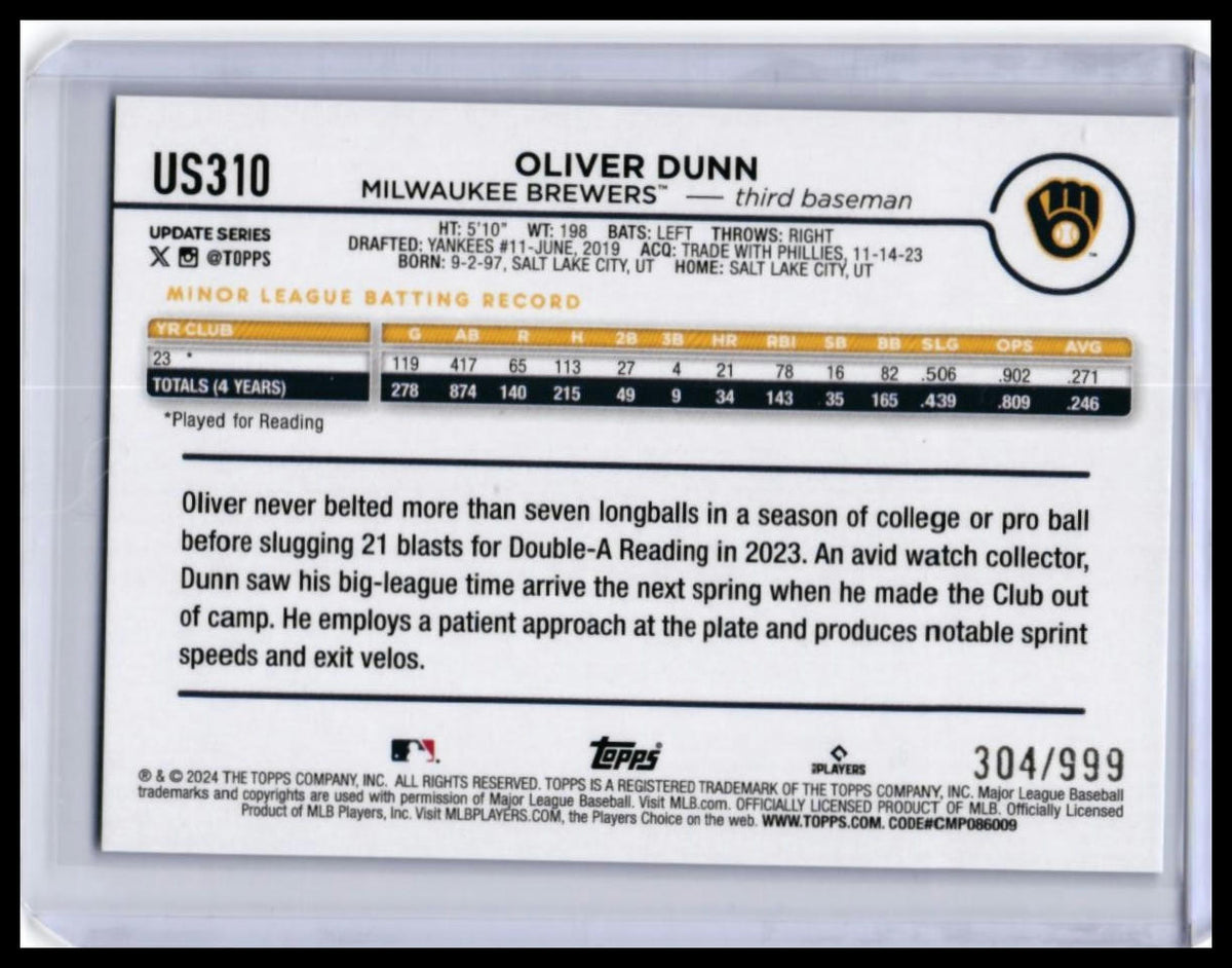 2024 Topps Update Oliver Dunn RC #US310 Blue Parallel /999 Brewers Rookie — back
