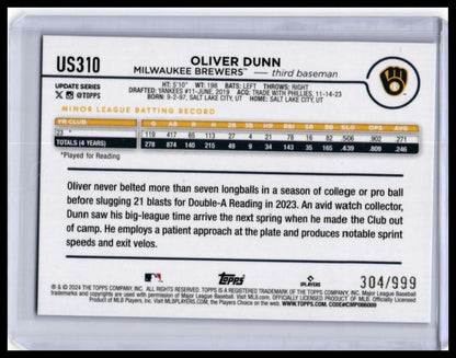 2024 Topps Update Oliver Dunn RC #US310 Blue Parallel /999 Brewers Rookie — back