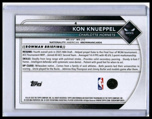 2025-26 Bowman Kon Knueppel RC #4 Charlotte Hornets Rookie Card — back
