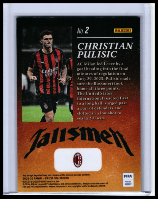 2025-26 Panini Prizm FIFA Soccer Christian Pulisic Talismeh #2 AC Milan — back