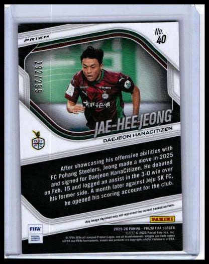 2025-26 Panini Prizm FIFA Soccer Jae-Hee Jeong #40 Orange Prizm /299 Daejeon HanaCitizen — back