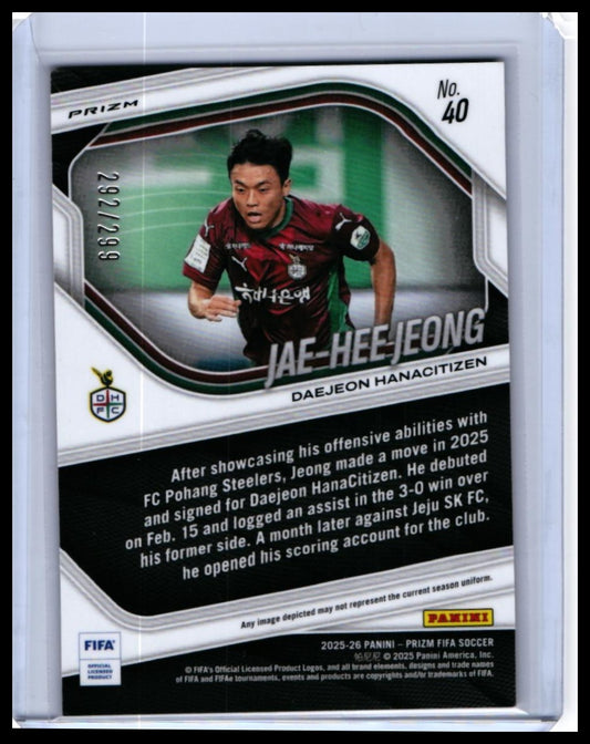 2025-26 Panini Prizm FIFA Soccer Jae-Hee Jeong #40 Orange Prizm /299 Daejeon HanaCitizen — back