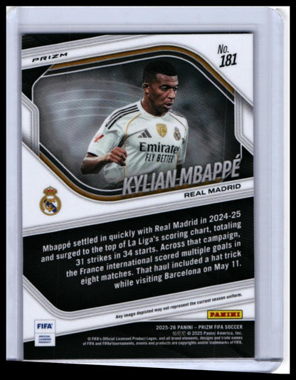 2025-26 Panini Prizm FIFA Soccer Kylian Mbappé #181 Pink Parallel Real Madrid — back