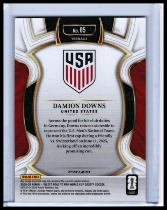 2025-26 Select Road to FIFA World Cup Damion Downs RC #85 Terrace Tri-Color Prizm USA — back