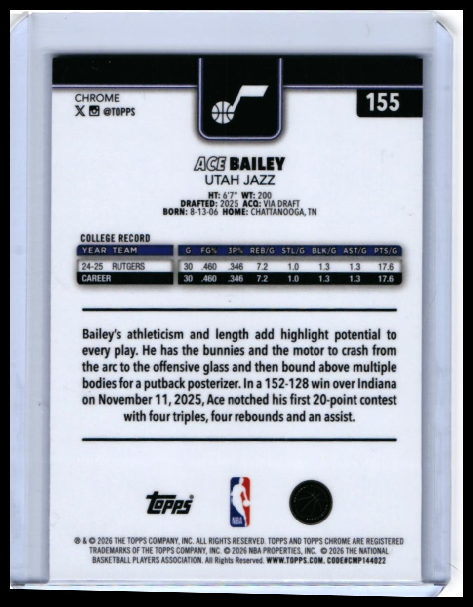 2025-26 Topps Chrome Ace Bailey RC #155 Utah Jazz Rookie — back