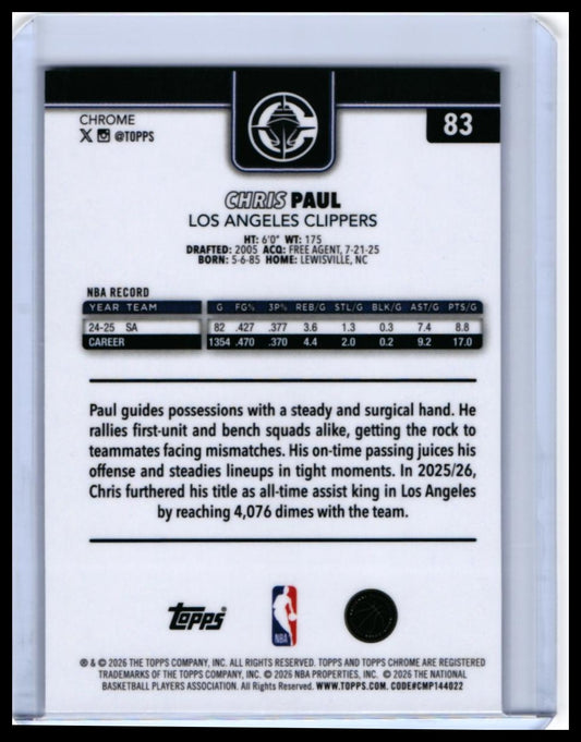 2025-26 Topps Chrome Chris Paul #83 Los Angeles Clippers — back