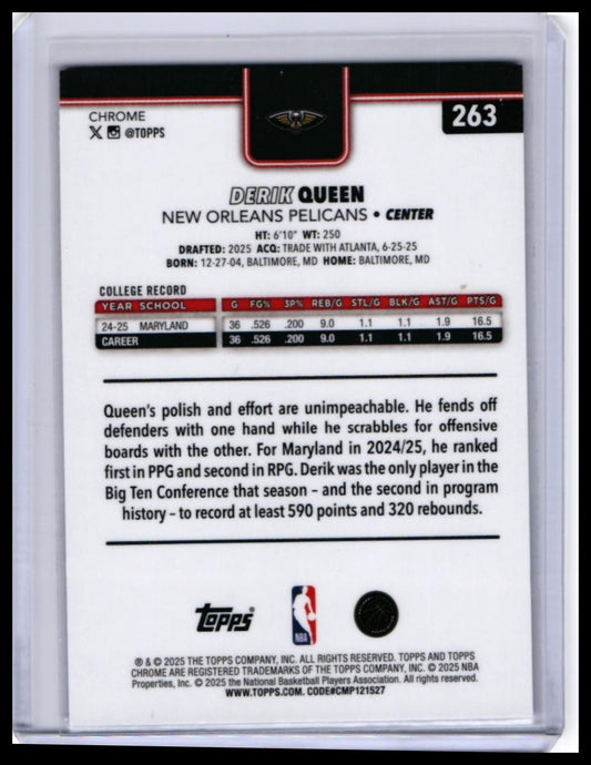 2025-26 Topps Chrome Derik Queen RC #263 Red White Blue Refractor Pelicans — back