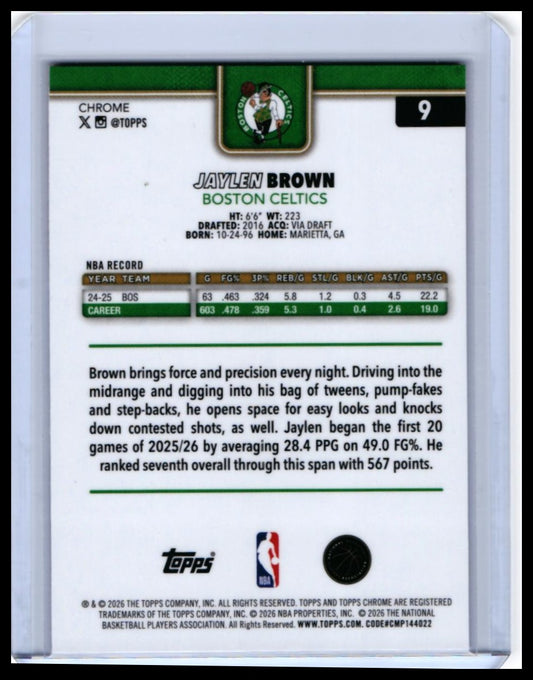 2025-26 Topps Chrome Jaylen Brown #9 Boston Celtics — back