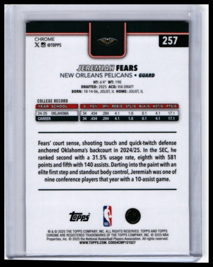 2025-26 Topps Chrome Jeremiah Fears RC #257 Red Parallel Pelicans Rookie — back