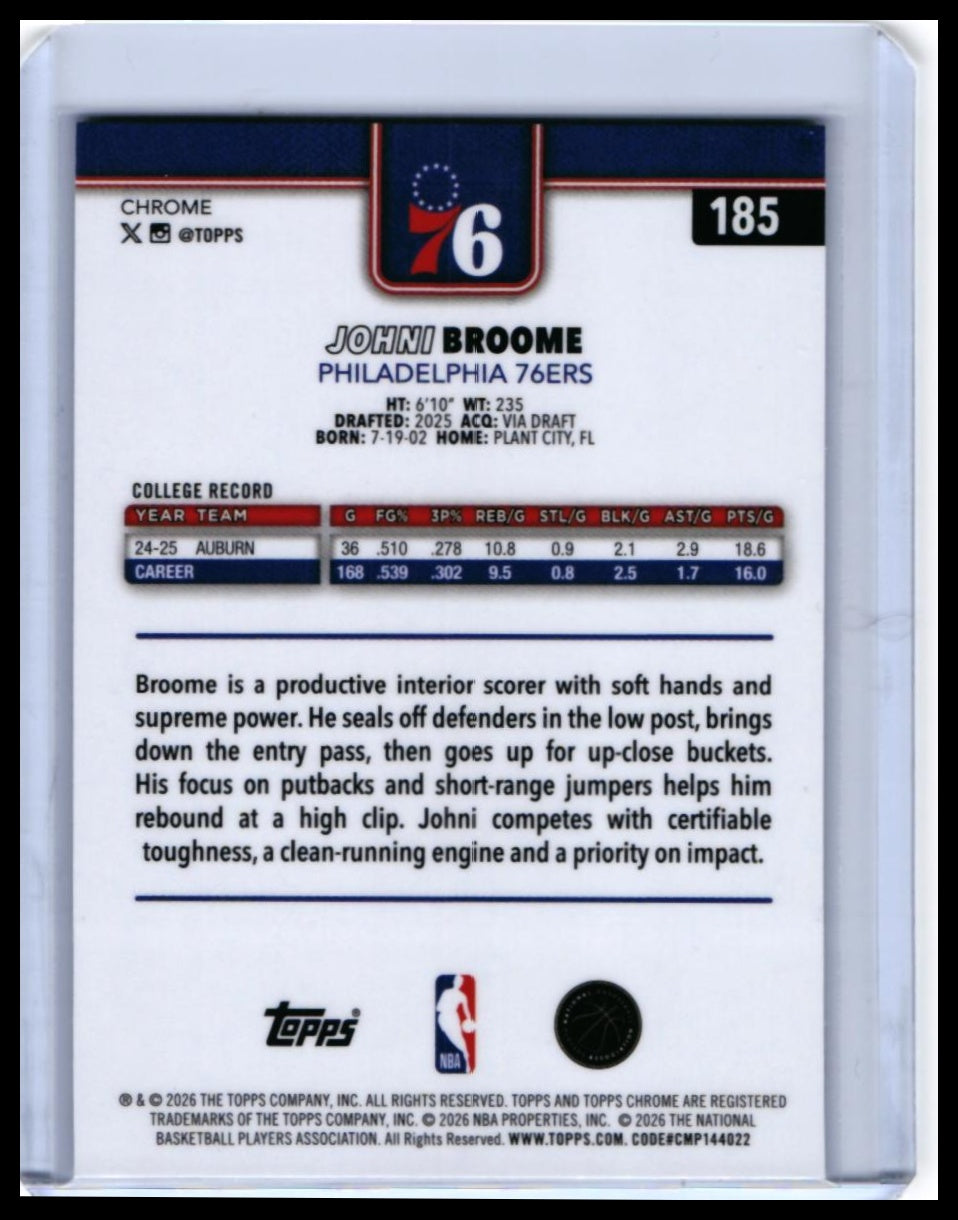2025-26 Topps Chrome Johni Broome RC #185 Philadelphia 76ers Rookie — back