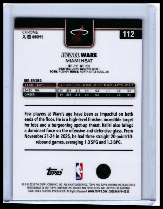 2025-26 Topps Chrome Kel'el Ware #112 Miami Heat Wave Parallel — back