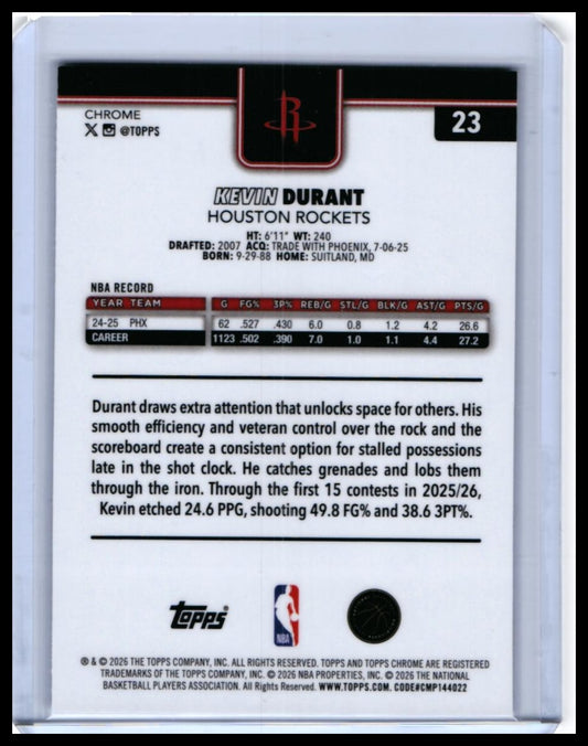 2025-26 Topps Chrome Kevin Durant #23 Speckle Refractor Houston Rockets — back