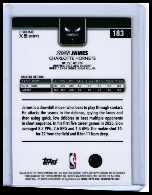 2025-26 Topps Chrome Sion James RC #183 Red White Blue Refractor Hornets — back