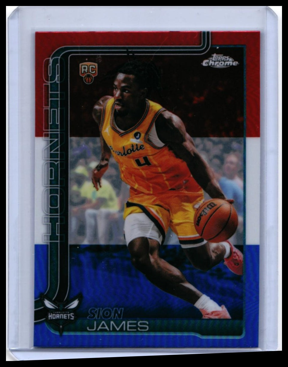 2025-26 Topps Chrome Sion James RC #183 Red White Blue Refractor Hornets — front