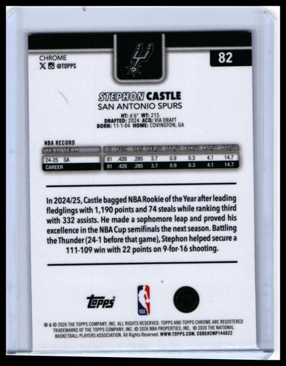 2025-26 Topps Chrome Stephon Castle #82 San Antonio Spurs — back
