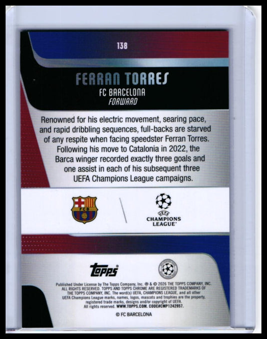 2025-26 Topps Chrome UEFA Champions League Ferran Torres #138 FC Barcelona Refractor /150 — back