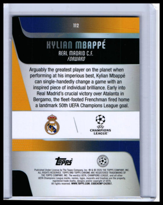 2025-26 Topps Chrome UEFA Champions League Kylian Mbappé #112 Real Madrid — back