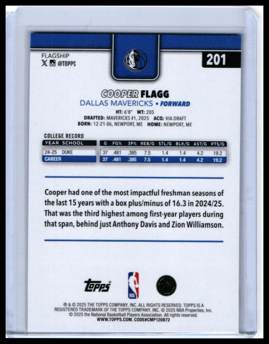 2025-26 Topps Cooper Flagg RC #201 Dallas Mavericks Rookie Card — back