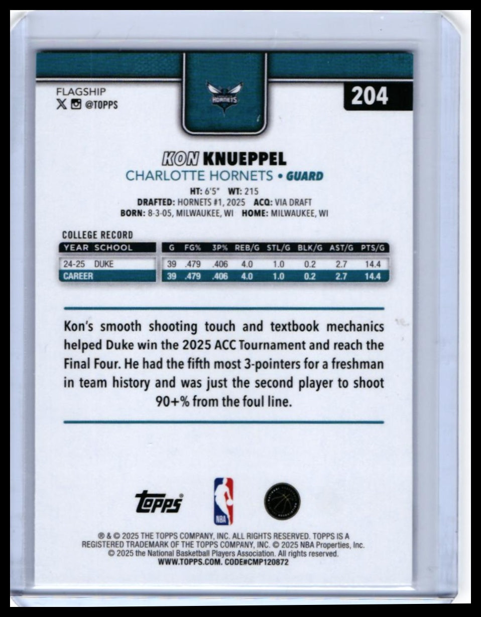 2025-26 Topps Kon Knueppel RC #204 Charlotte Hornets Rookie Base — back